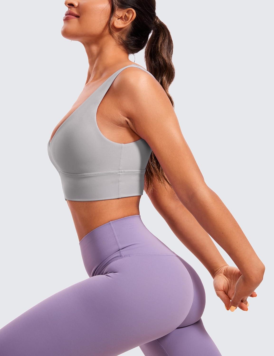 imageCRZ YOGA Butterluxe Womens VNeck Longline Sports Bra Wireless UShaped Open Back Yoga Low Impact Padded Crop TopGull Gray