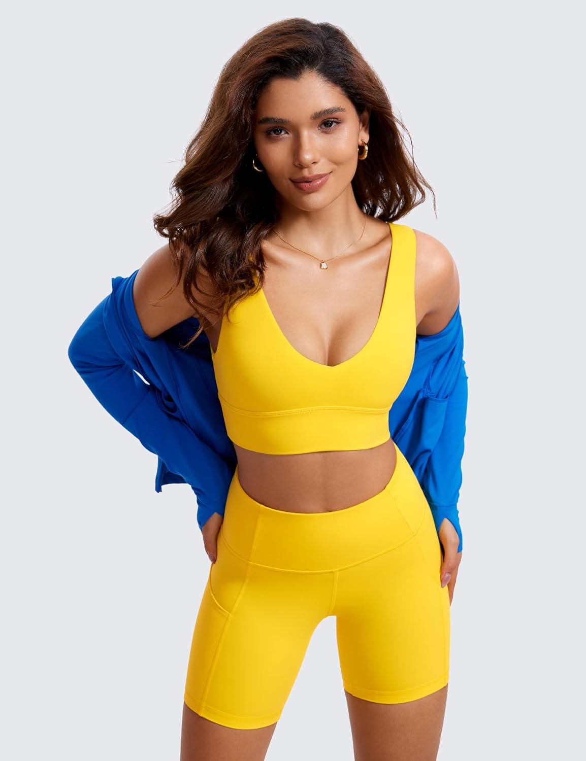 imageCRZ YOGA Butterluxe Womens VNeck Longline Sports Bra Wireless UShaped Open Back Yoga Low Impact Padded Crop TopHigh Visibility Yellow