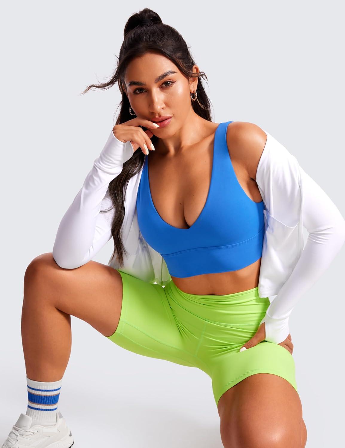 imageCRZ YOGA Butterluxe Womens VNeck Longline Sports Bra Wireless UShaped Open Back Yoga Low Impact Padded Crop TopSparkle Blue