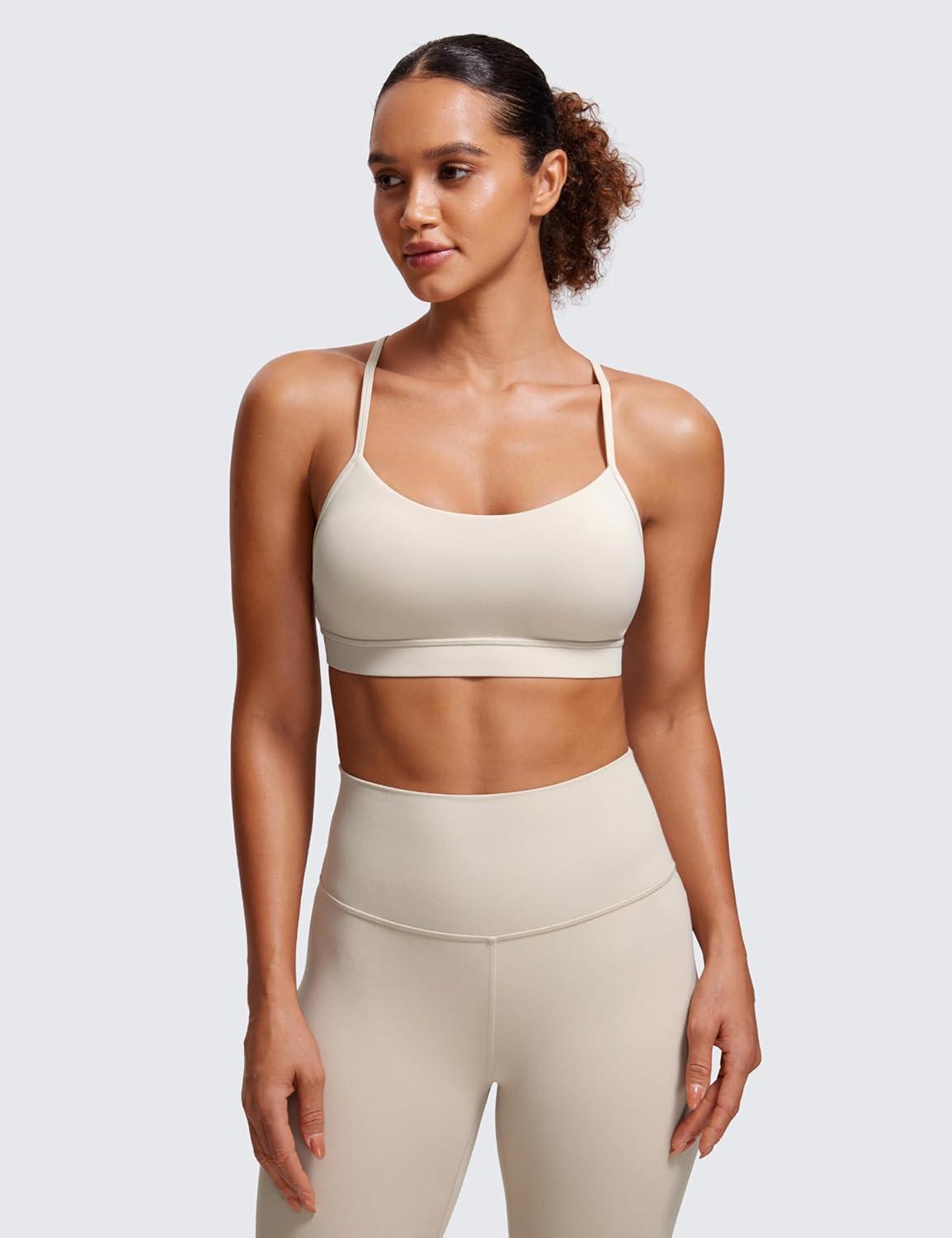 imageCRZ YOGA Butterluxe Y Back Sports Bras for Women Padded Racerback Low Impact Spaghetti Thin Strap Workout Yoga TopMojave Tan