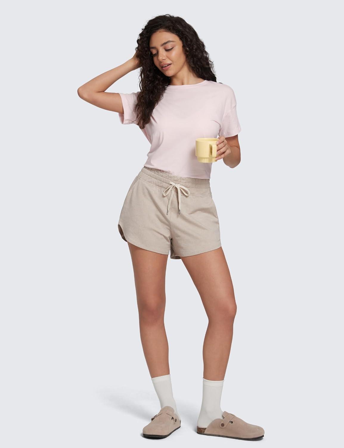 imageCRZ YOGA Cloud Jersey Dolphin Sweat Shorts for Women 3quot High Waisted for Casual Athletic Lounge with PocketsMojave Tan