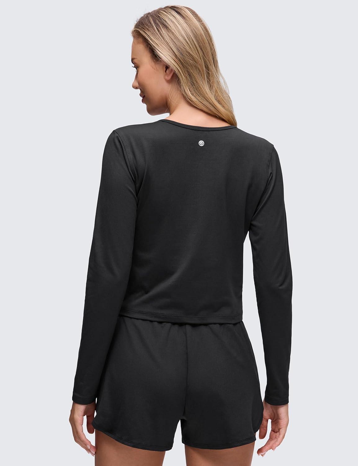 imageCRZ YOGA Cloud Jersey Lightweight Crewneck Cardigan for Women Soft Knit Button Down Shirts Casual Long Sleeve Fall TopsBlack