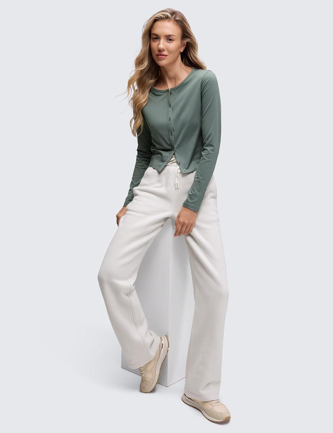 imageCRZ YOGA Cloud Jersey Lightweight Crewneck Cardigan for Women Soft Knit Button Down Shirts Casual Long Sleeve Fall TopsGrey Sage