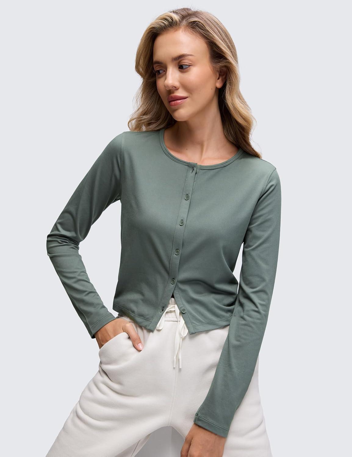 imageCRZ YOGA Cloud Jersey Lightweight Crewneck Cardigan for Women Soft Knit Button Down Shirts Casual Long Sleeve Fall TopsGrey Sage