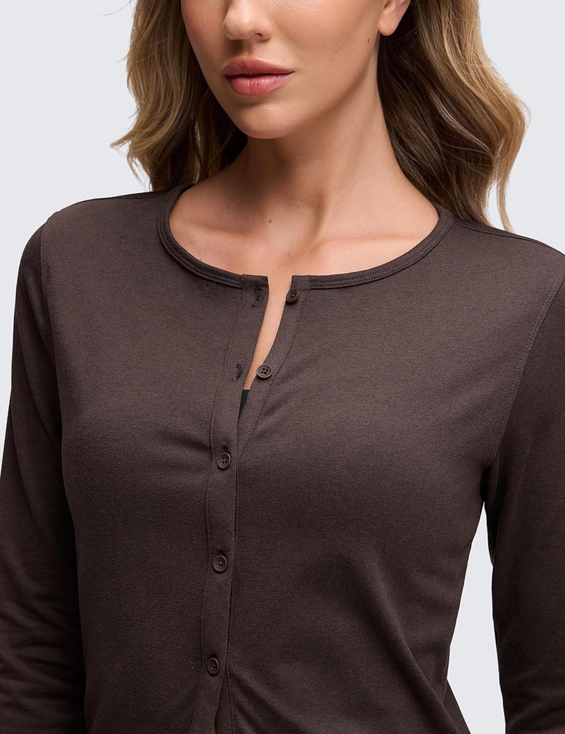 imageCRZ YOGA Cloud Jersey Lightweight Crewneck Cardigan for Women Soft Knit Button Down Shirts Casual Long Sleeve Fall TopsHot Fudge Brown