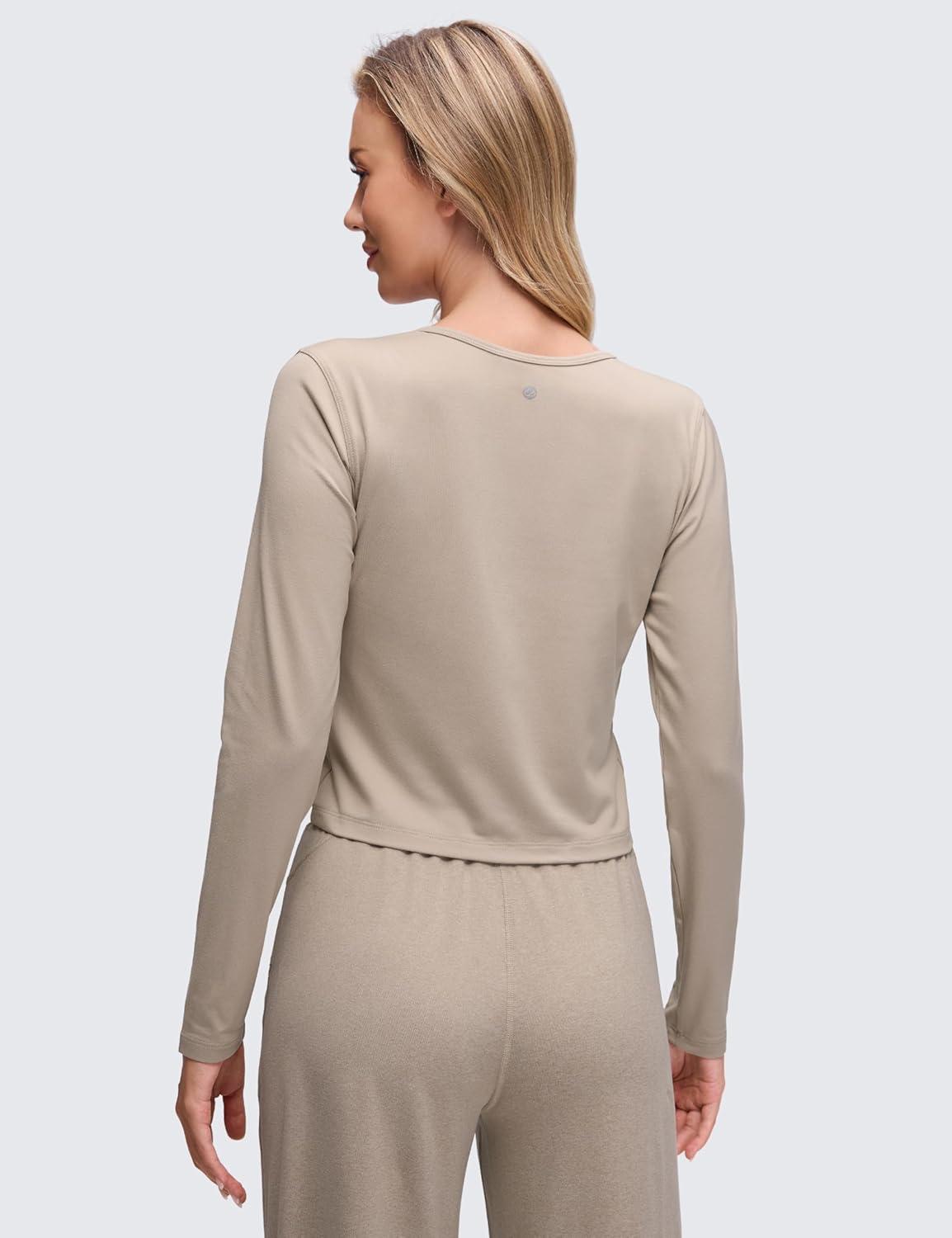 imageCRZ YOGA Cloud Jersey Lightweight Crewneck Cardigan for Women Soft Knit Button Down Shirts Casual Long Sleeve Fall TopsMojave Tan