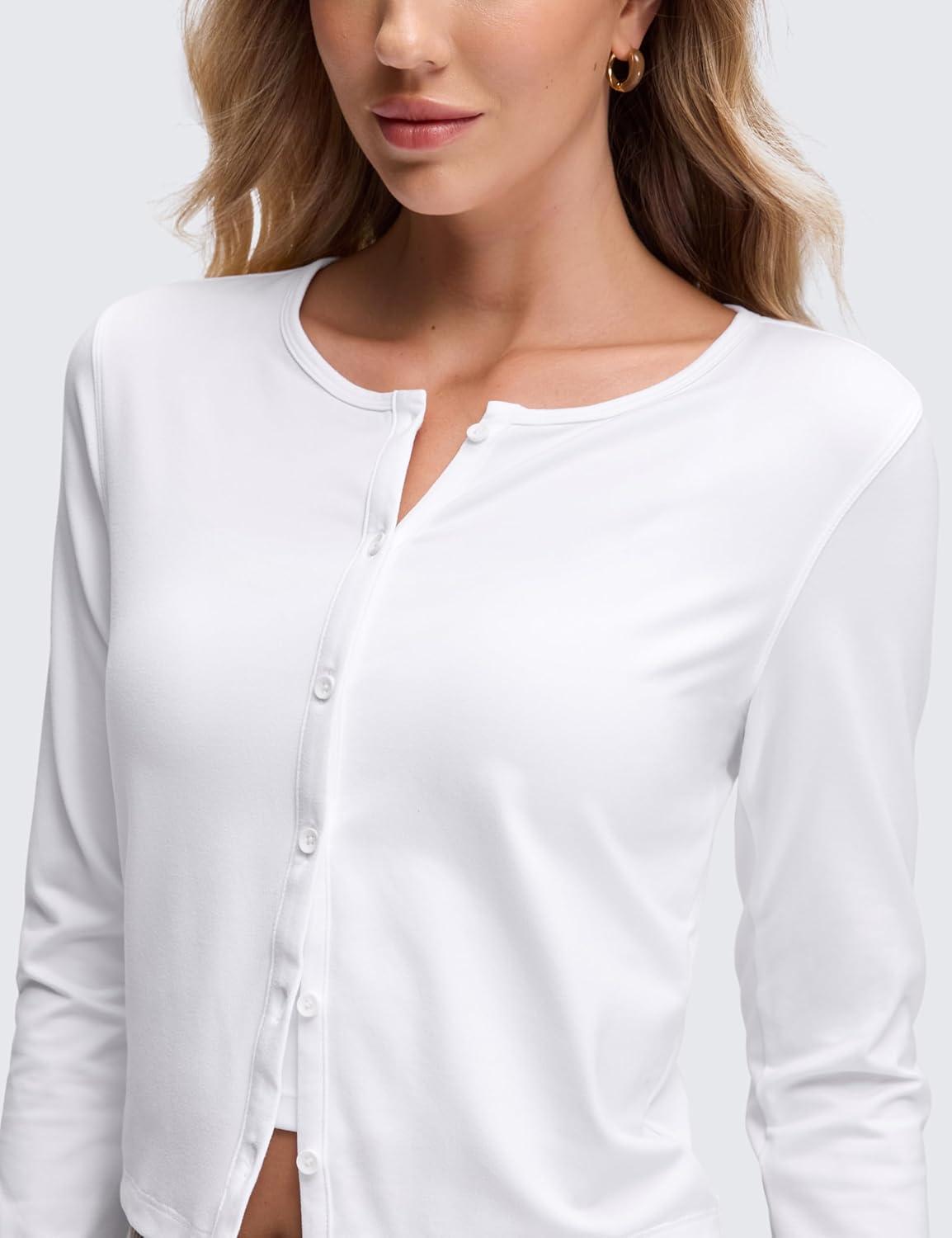 imageCRZ YOGA Cloud Jersey Lightweight Crewneck Cardigan for Women Soft Knit Button Down Shirts Casual Long Sleeve Fall TopsWhite