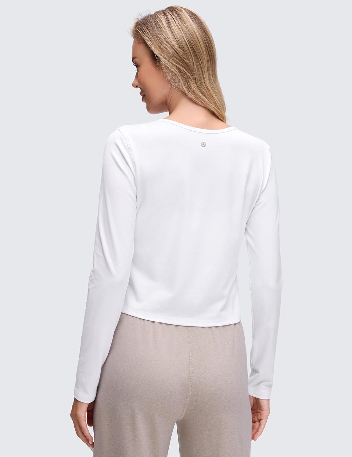 imageCRZ YOGA Cloud Jersey Lightweight Crewneck Cardigan for Women Soft Knit Button Down Shirts Casual Long Sleeve Fall TopsWhite