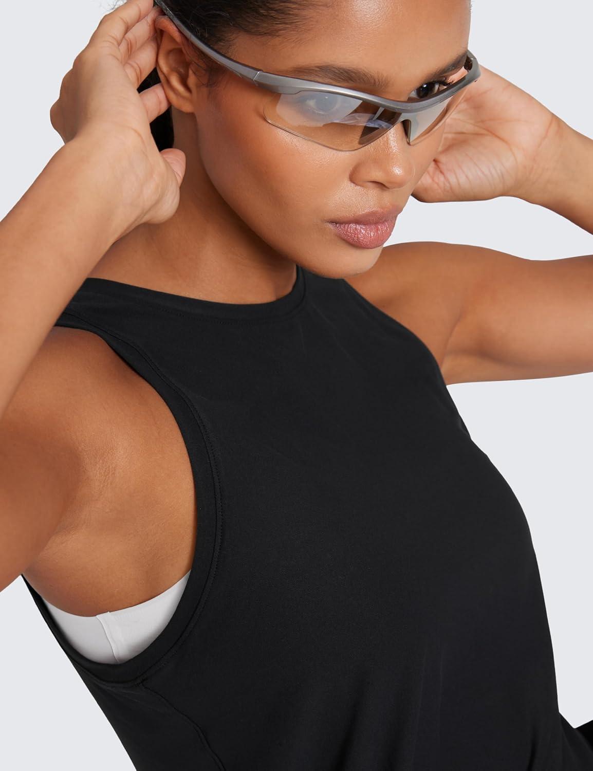 imageCRZ YOGA Cloudweight Crew Neck Workout Tanks Lightweight Athletic Gym Tops for Women Soft Basic Running Sleeveless ShirtsBlack