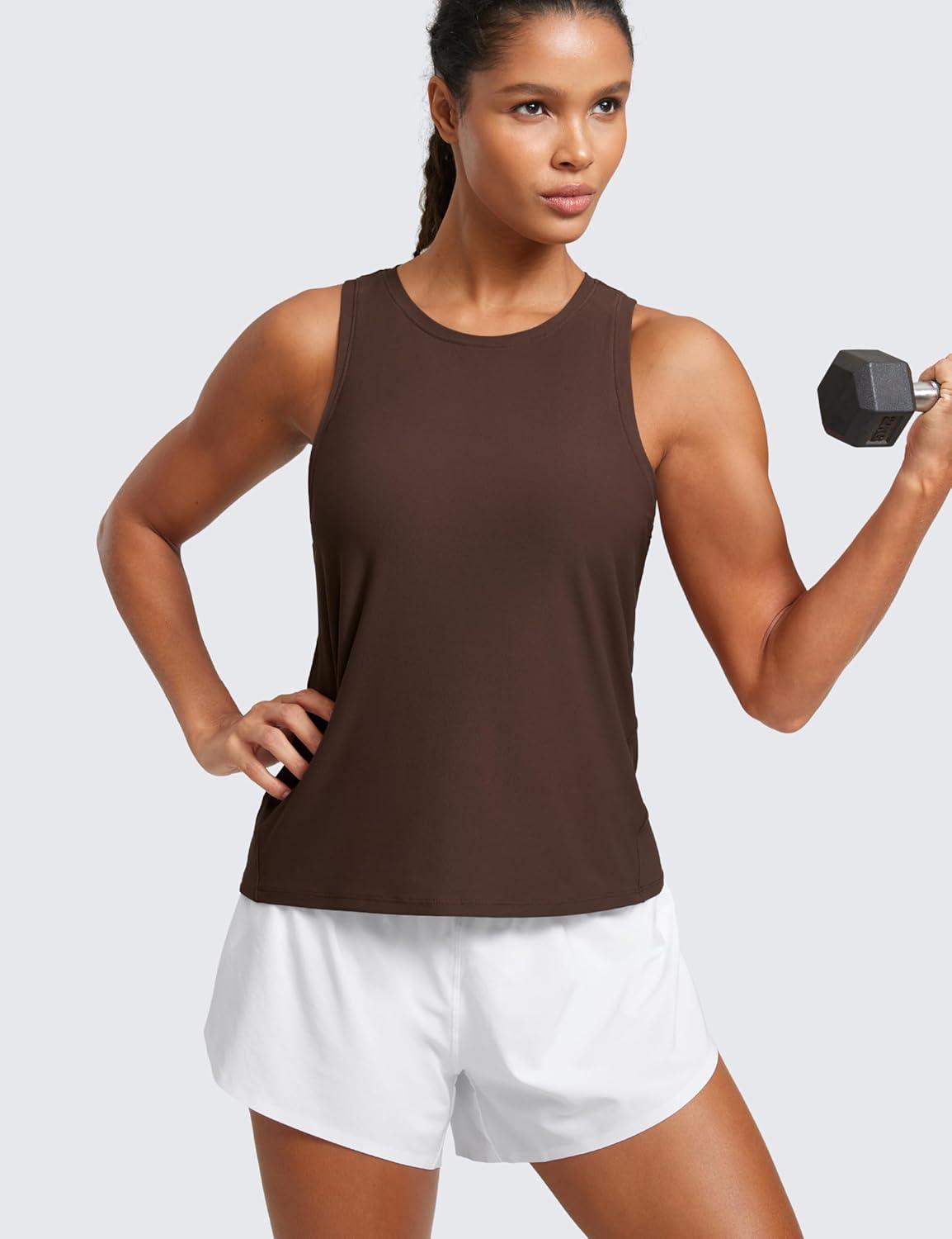 imageCRZ YOGA Cloudweight Crew Neck Workout Tanks Lightweight Athletic Gym Tops for Women Soft Basic Running Sleeveless ShirtsCoffee Brown