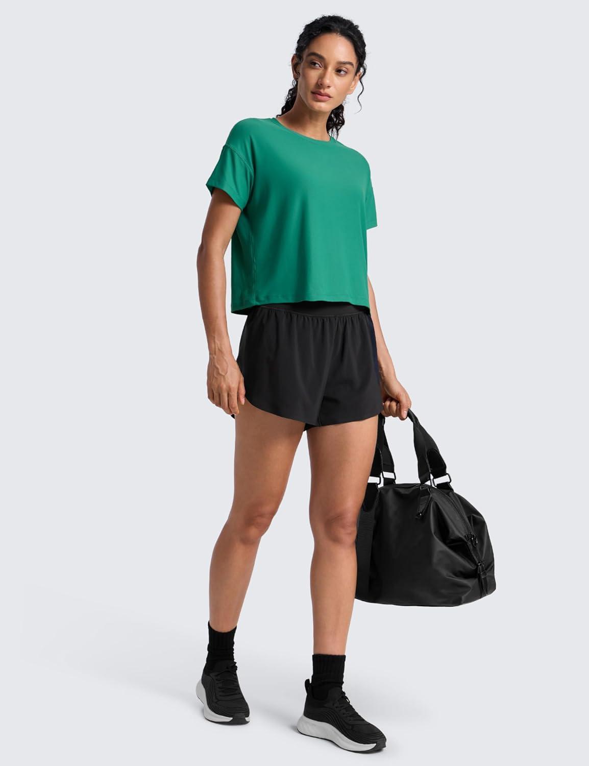 imageCRZ YOGA Cloudweight High Neck Workout Tops for Women Basic Athletic Lightweight Short Sleeve Shirts Loose Running TShirtCascadia Green