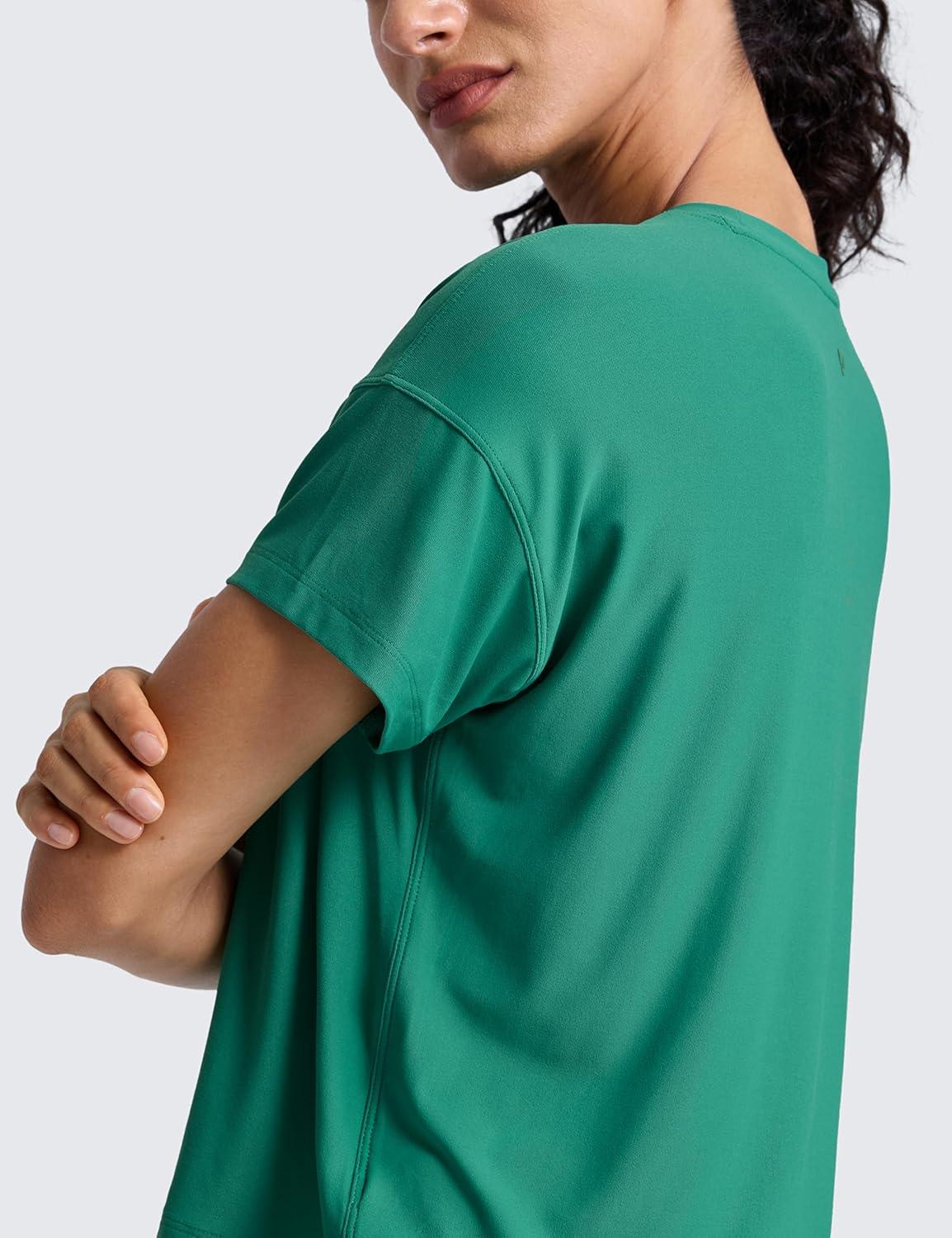 imageCRZ YOGA Cloudweight High Neck Workout Tops for Women Basic Athletic Lightweight Short Sleeve Shirts Loose Running TShirtCascadia Green
