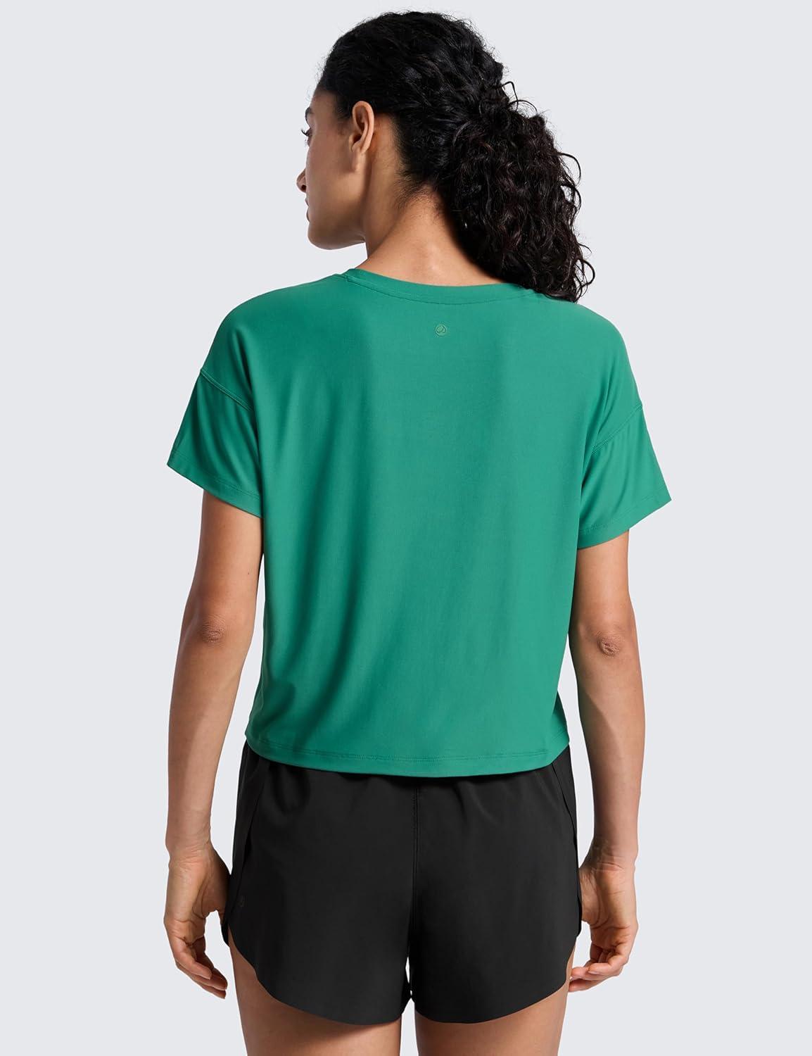 imageCRZ YOGA Cloudweight High Neck Workout Tops for Women Basic Athletic Lightweight Short Sleeve Shirts Loose Running TShirtCascadia Green