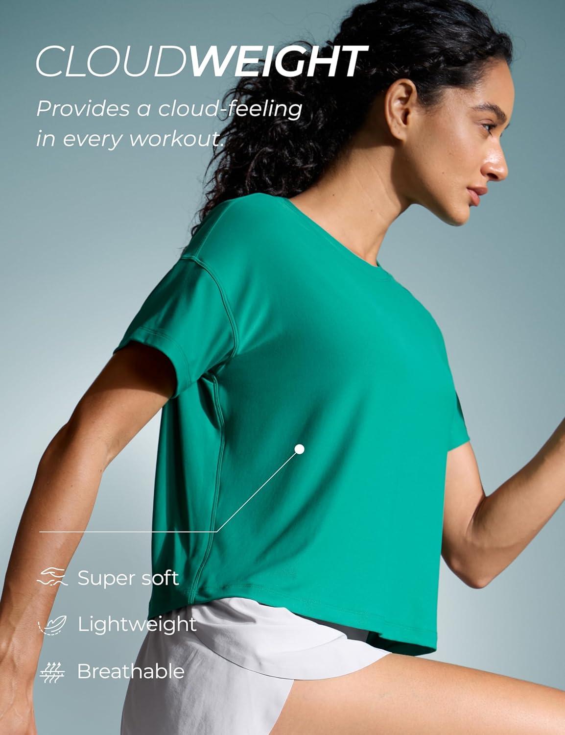 imageCRZ YOGA Cloudweight High Neck Workout Tops for Women Basic Athletic Lightweight Short Sleeve Shirts Loose Running TShirtCascadia Green