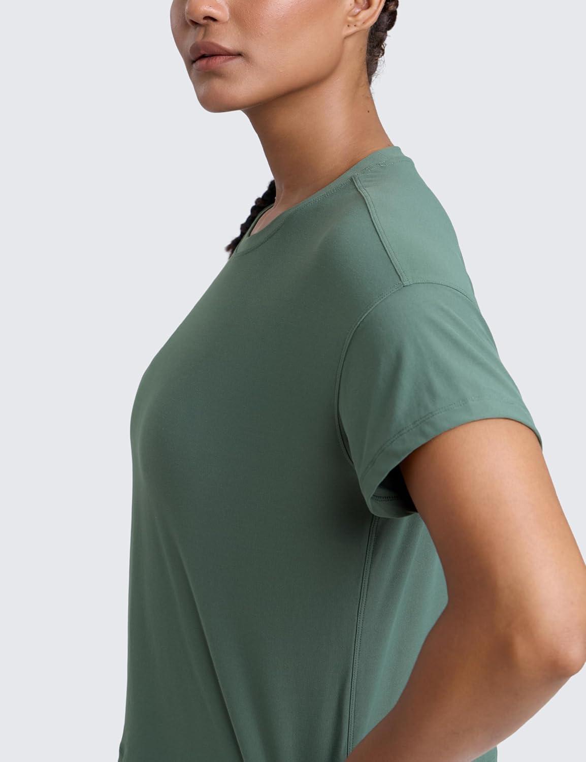 imageCRZ YOGA Cloudweight High Neck Workout Tops for Women Basic Athletic Lightweight Short Sleeve Shirts Loose Running TShirtGraphite Green