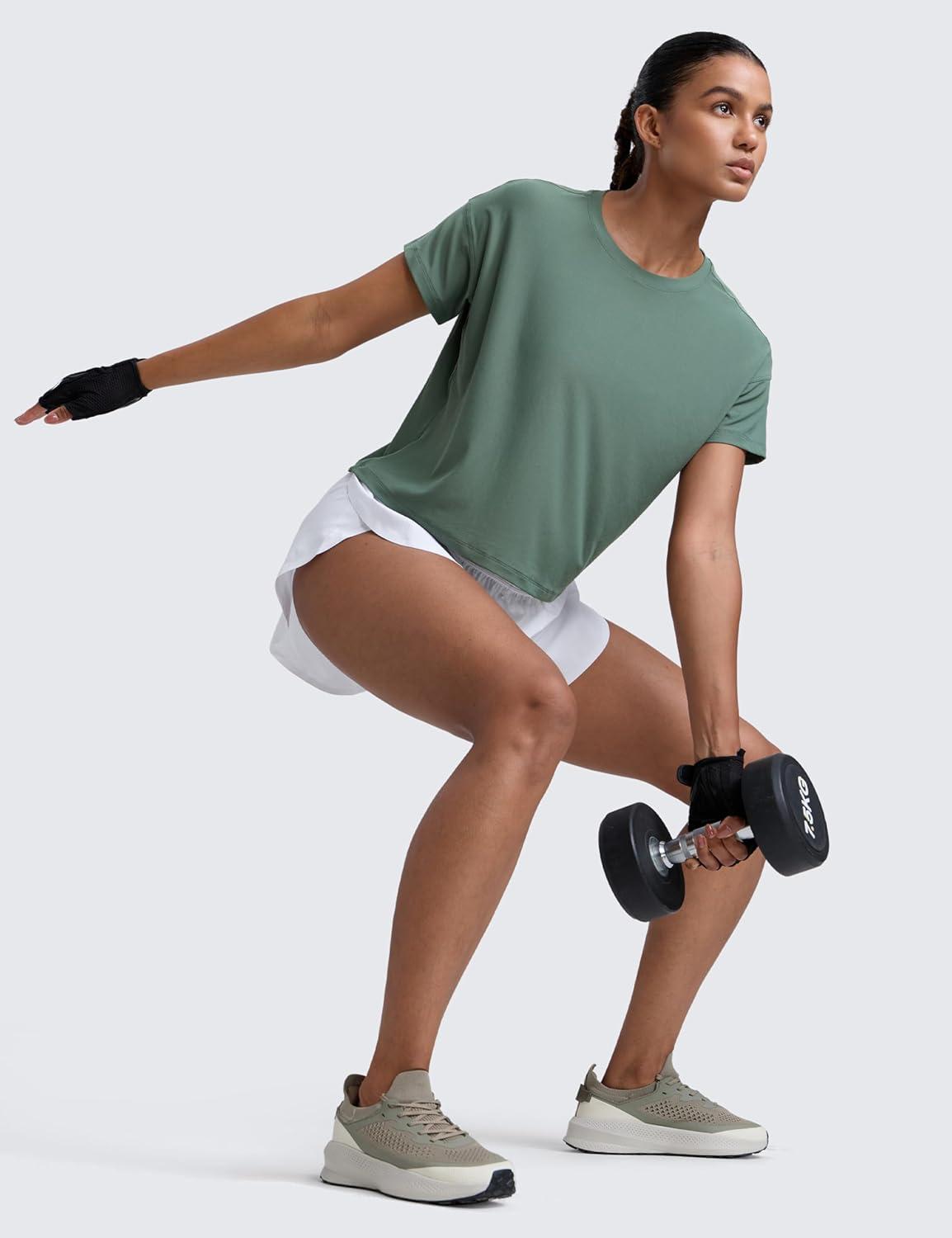 imageCRZ YOGA Cloudweight High Neck Workout Tops for Women Basic Athletic Lightweight Short Sleeve Shirts Loose Running TShirtGraphite Green