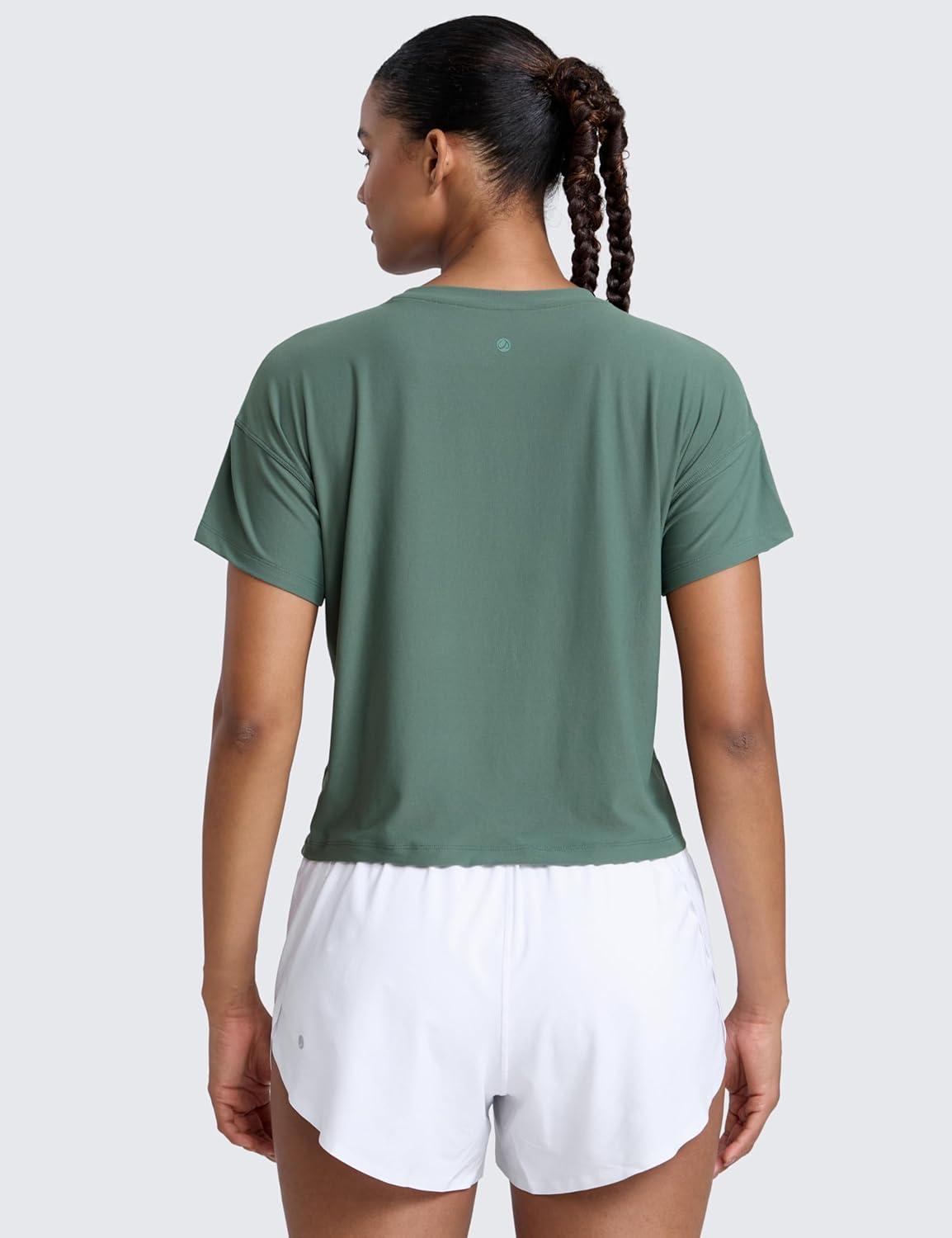 imageCRZ YOGA Cloudweight High Neck Workout Tops for Women Basic Athletic Lightweight Short Sleeve Shirts Loose Running TShirtGraphite Green