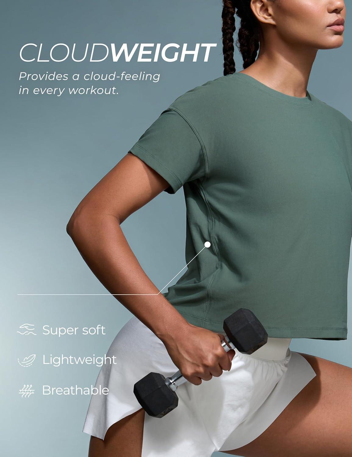 imageCRZ YOGA Cloudweight High Neck Workout Tops for Women Basic Athletic Lightweight Short Sleeve Shirts Loose Running TShirtGraphite Green