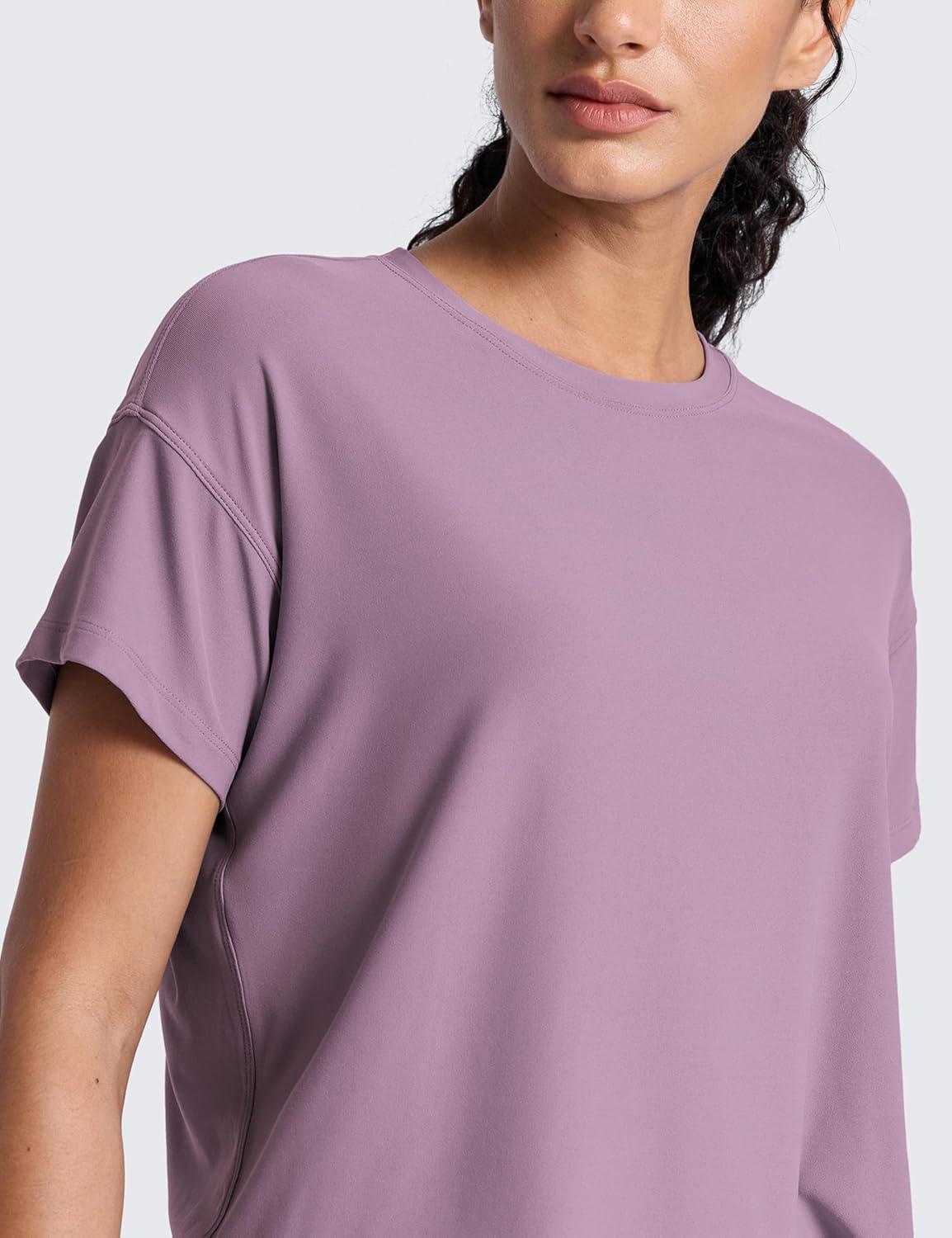imageCRZ YOGA Cloudweight High Neck Workout Tops for Women Basic Athletic Lightweight Short Sleeve Shirts Loose Running TShirtLight Lavender