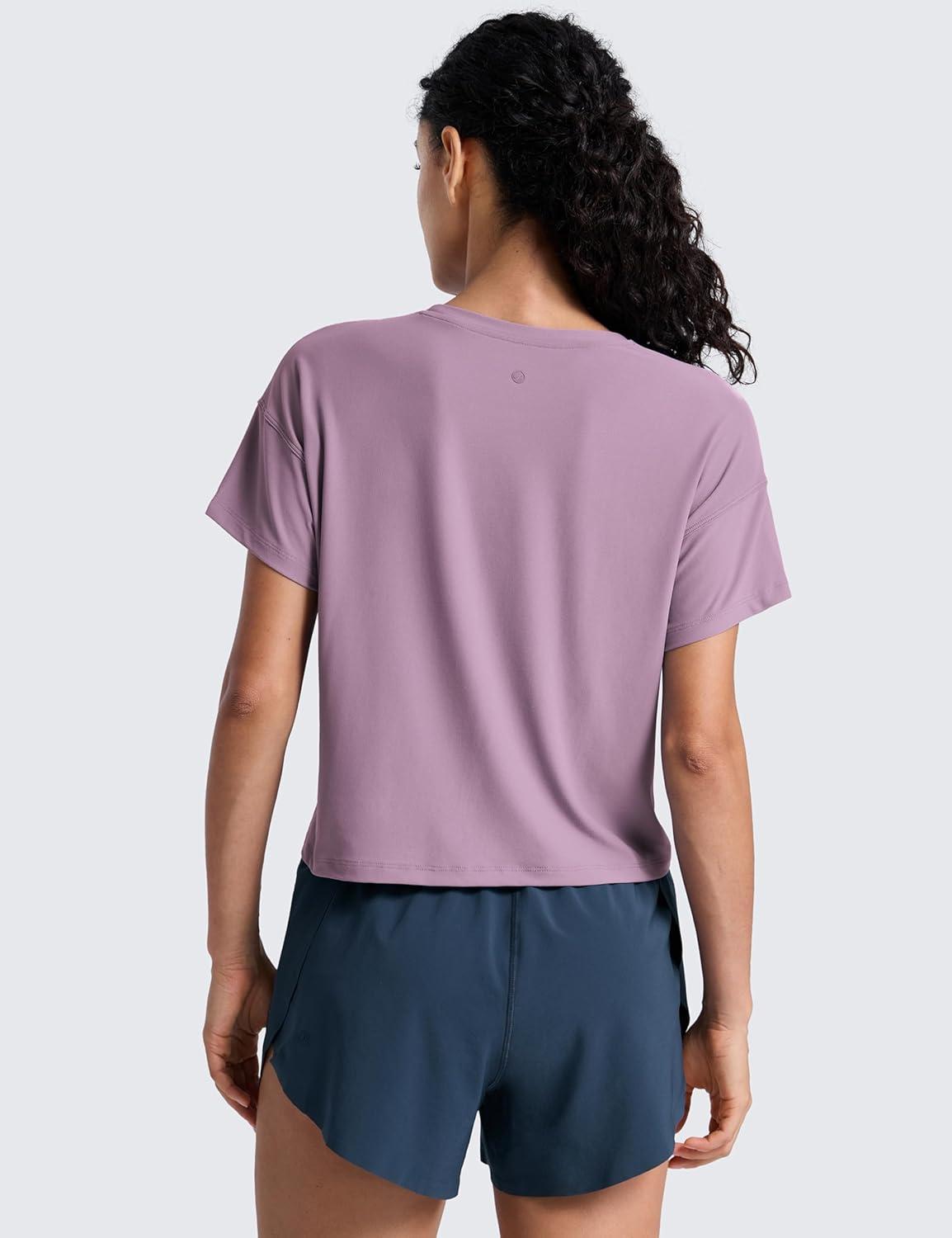 imageCRZ YOGA Cloudweight High Neck Workout Tops for Women Basic Athletic Lightweight Short Sleeve Shirts Loose Running TShirtLight Lavender