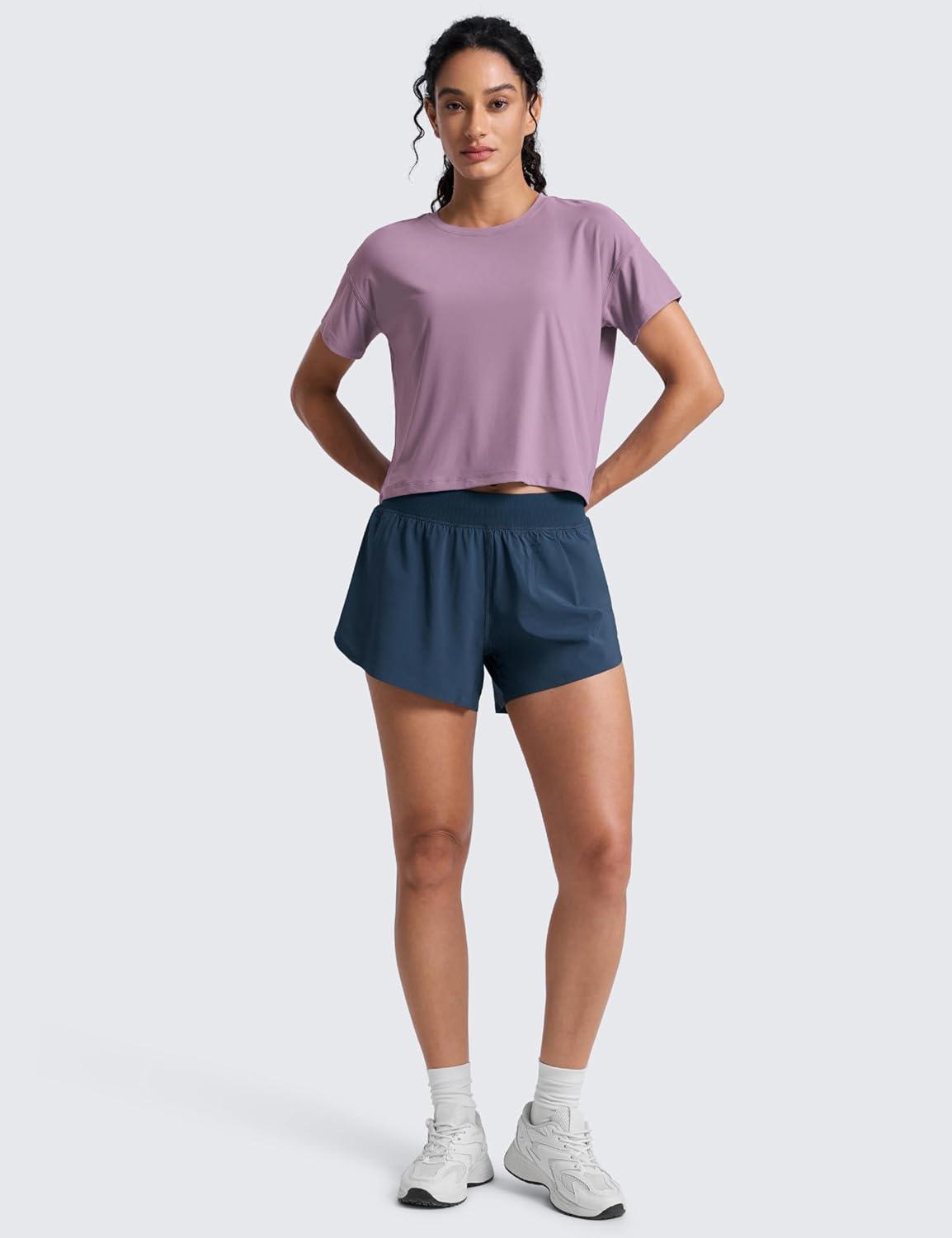 imageCRZ YOGA Cloudweight High Neck Workout Tops for Women Basic Athletic Lightweight Short Sleeve Shirts Loose Running TShirtLight Lavender