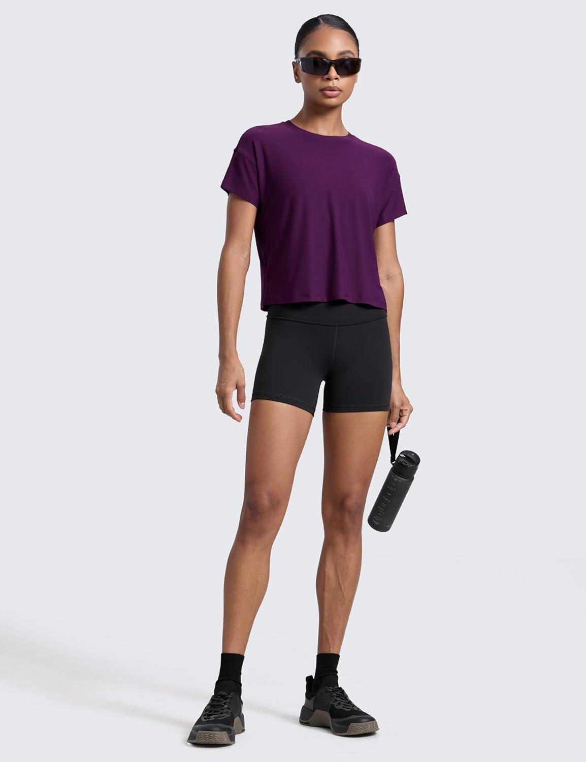 imageCRZ YOGA Cloudweight High Neck Workout Tops for Women Basic Athletic Lightweight Short Sleeve Shirts Loose Running TShirtPlum Magenta