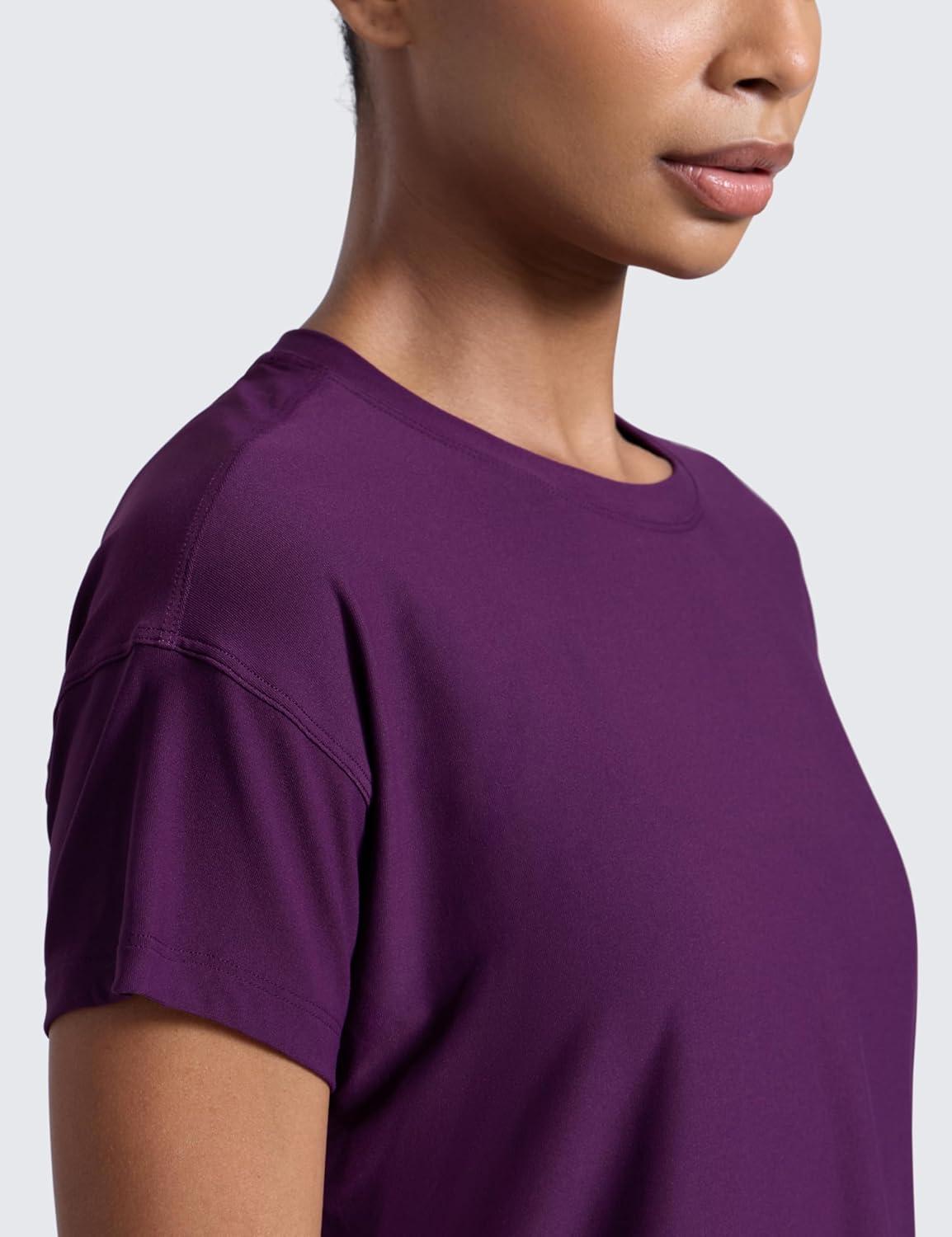 imageCRZ YOGA Cloudweight High Neck Workout Tops for Women Basic Athletic Lightweight Short Sleeve Shirts Loose Running TShirtPlum Magenta