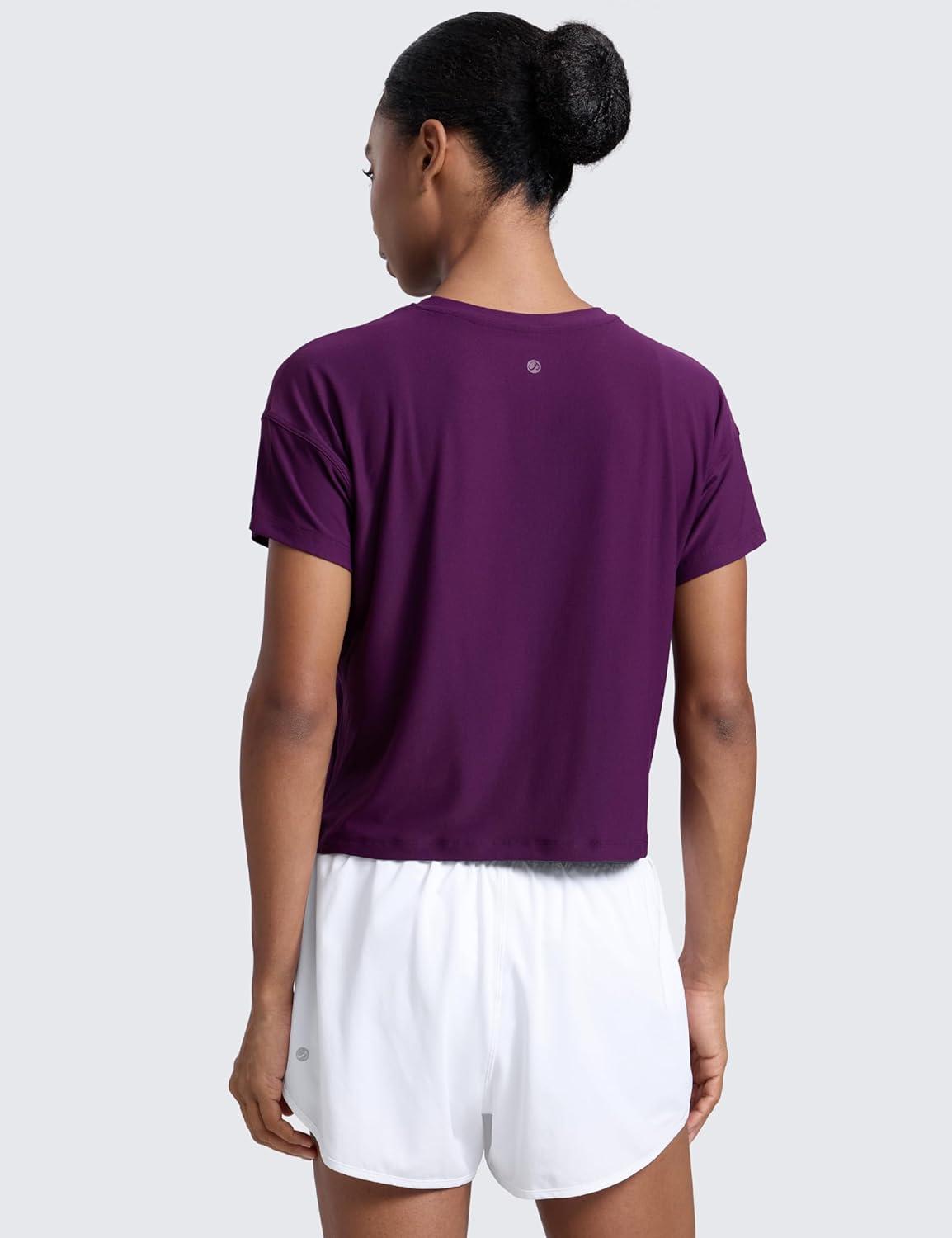 imageCRZ YOGA Cloudweight High Neck Workout Tops for Women Basic Athletic Lightweight Short Sleeve Shirts Loose Running TShirtPlum Magenta