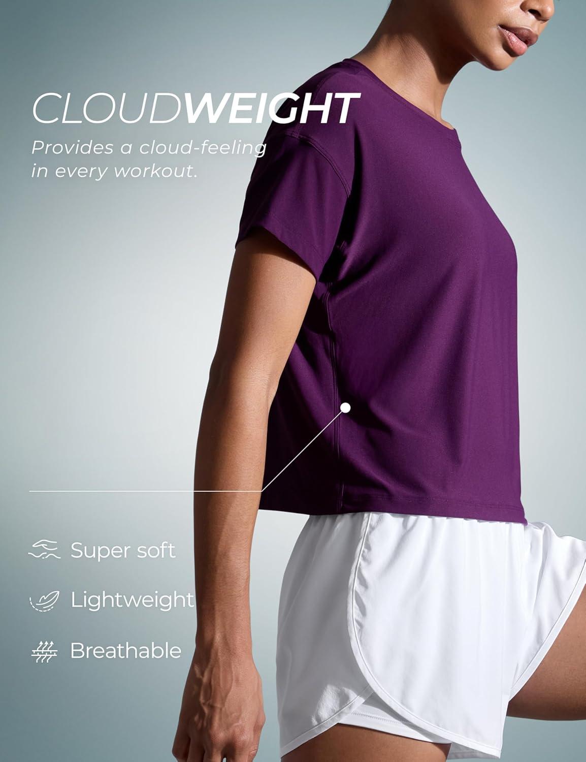 imageCRZ YOGA Cloudweight High Neck Workout Tops for Women Basic Athletic Lightweight Short Sleeve Shirts Loose Running TShirtPlum Magenta
