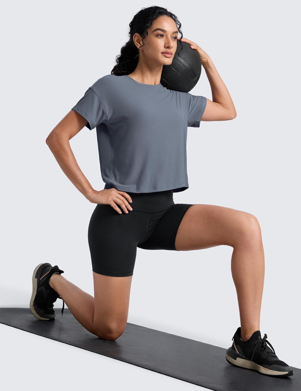 imageCRZ YOGA Cloudweight High Neck Workout Tops for Women Basic Athletic Lightweight Short Sleeve Shirts Loose Running TShirtSolar Grey
