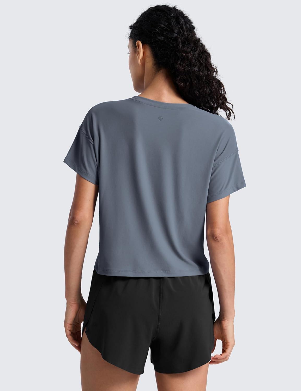 imageCRZ YOGA Cloudweight High Neck Workout Tops for Women Basic Athletic Lightweight Short Sleeve Shirts Loose Running TShirtSolar Grey