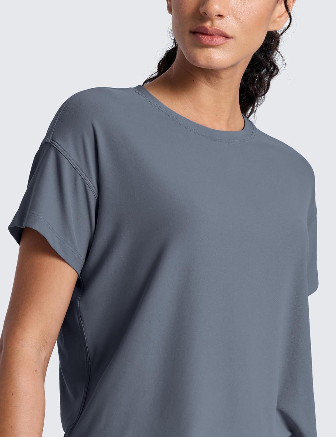 imageCRZ YOGA Cloudweight High Neck Workout Tops for Women Basic Athletic Lightweight Short Sleeve Shirts Loose Running TShirtSolar Grey