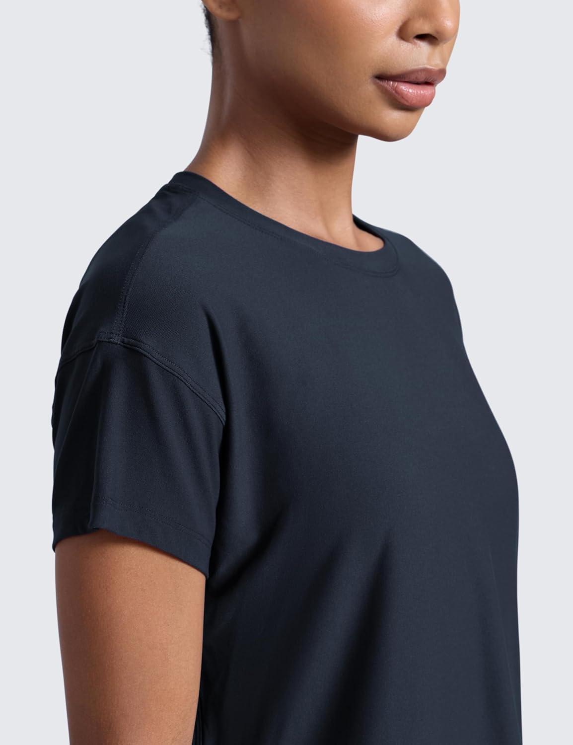 imageCRZ YOGA Cloudweight High Neck Workout Tops for Women Basic Athletic Lightweight Short Sleeve Shirts Loose Running TShirtTrue Navy