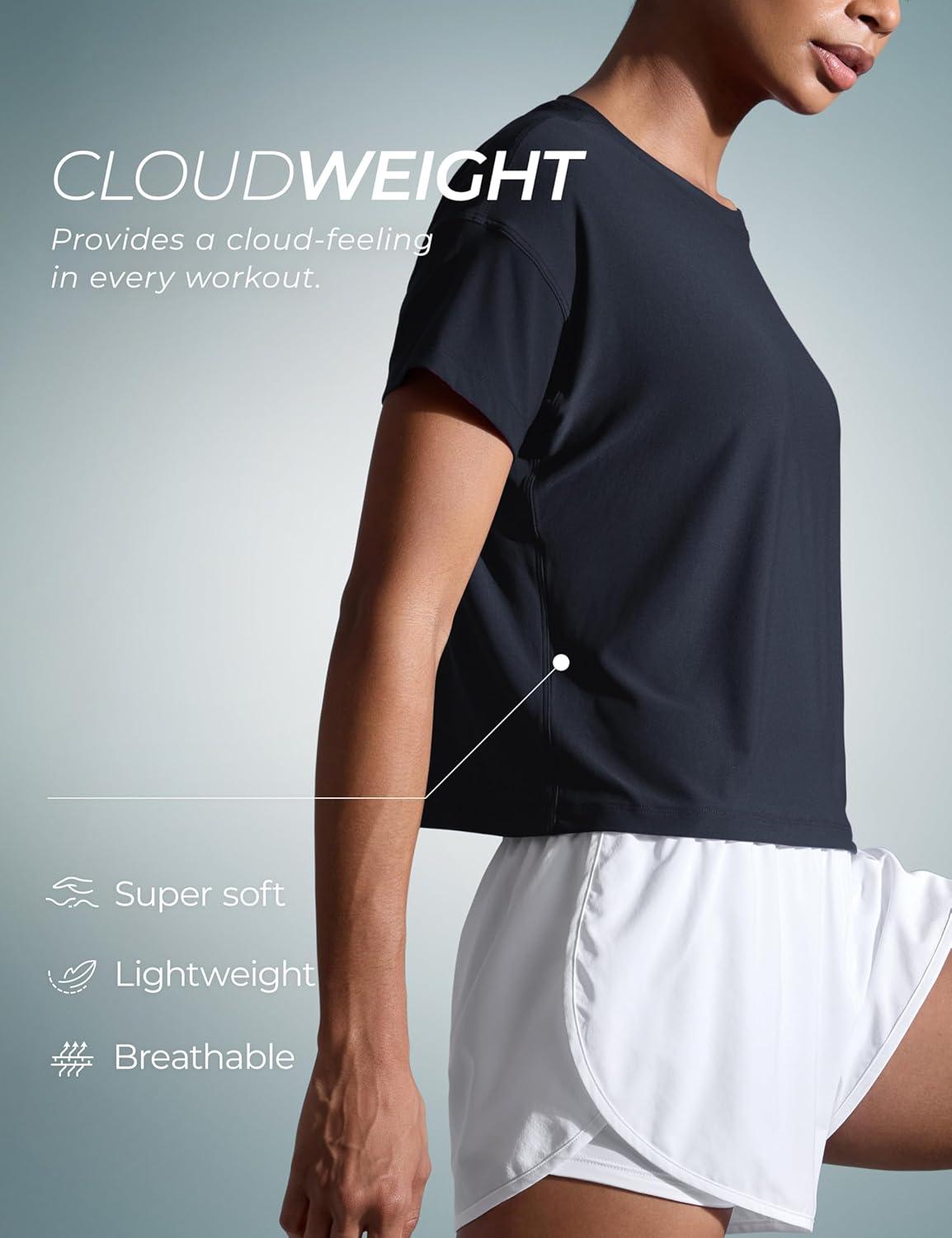 imageCRZ YOGA Cloudweight High Neck Workout Tops for Women Basic Athletic Lightweight Short Sleeve Shirts Loose Running TShirtTrue Navy