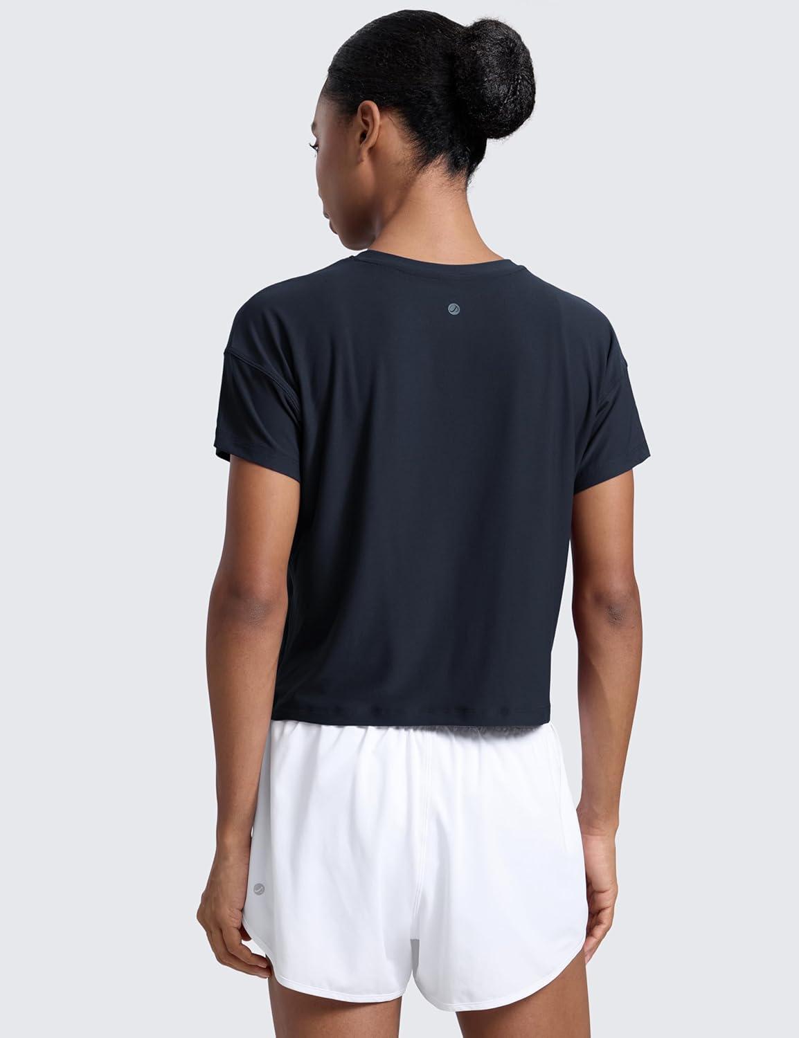 imageCRZ YOGA Cloudweight High Neck Workout Tops for Women Basic Athletic Lightweight Short Sleeve Shirts Loose Running TShirtTrue Navy