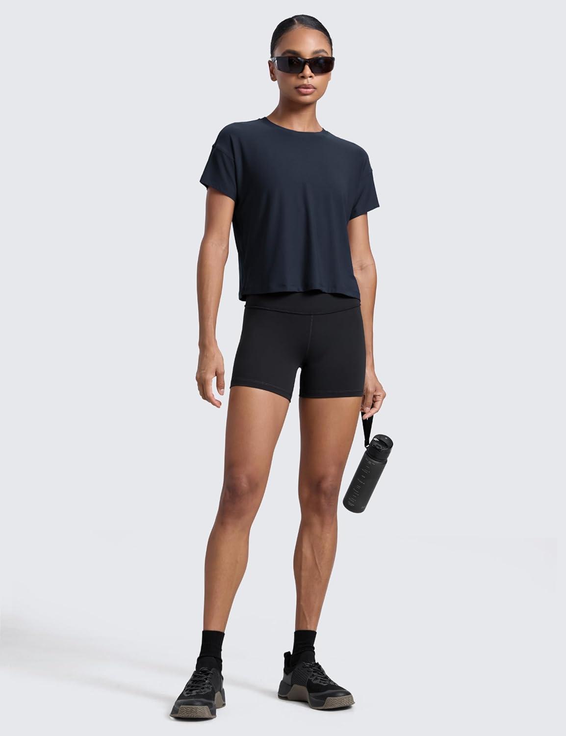 imageCRZ YOGA Cloudweight High Neck Workout Tops for Women Basic Athletic Lightweight Short Sleeve Shirts Loose Running TShirtTrue Navy