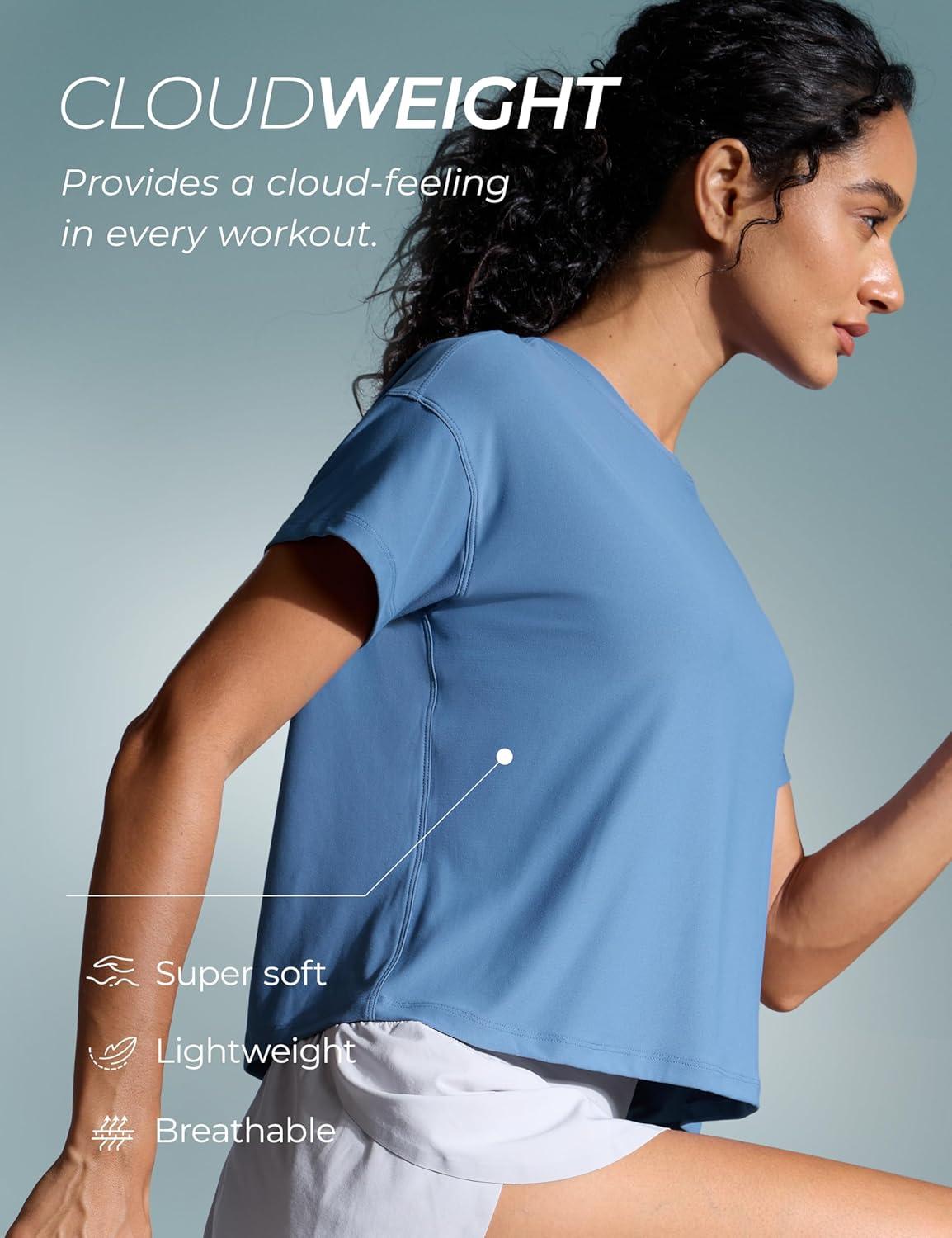 imageCRZ YOGA Cloudweight High Neck Workout Tops for Women Basic Athletic Lightweight Short Sleeve Shirts Loose Running TShirtWashed Denim