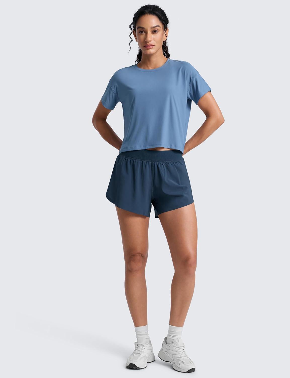 imageCRZ YOGA Cloudweight High Neck Workout Tops for Women Basic Athletic Lightweight Short Sleeve Shirts Loose Running TShirtWashed Denim