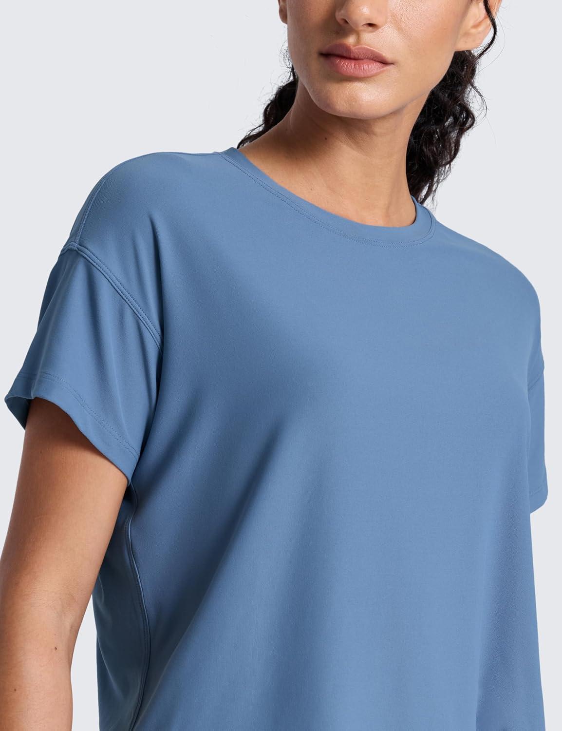 imageCRZ YOGA Cloudweight High Neck Workout Tops for Women Basic Athletic Lightweight Short Sleeve Shirts Loose Running TShirtWashed Denim