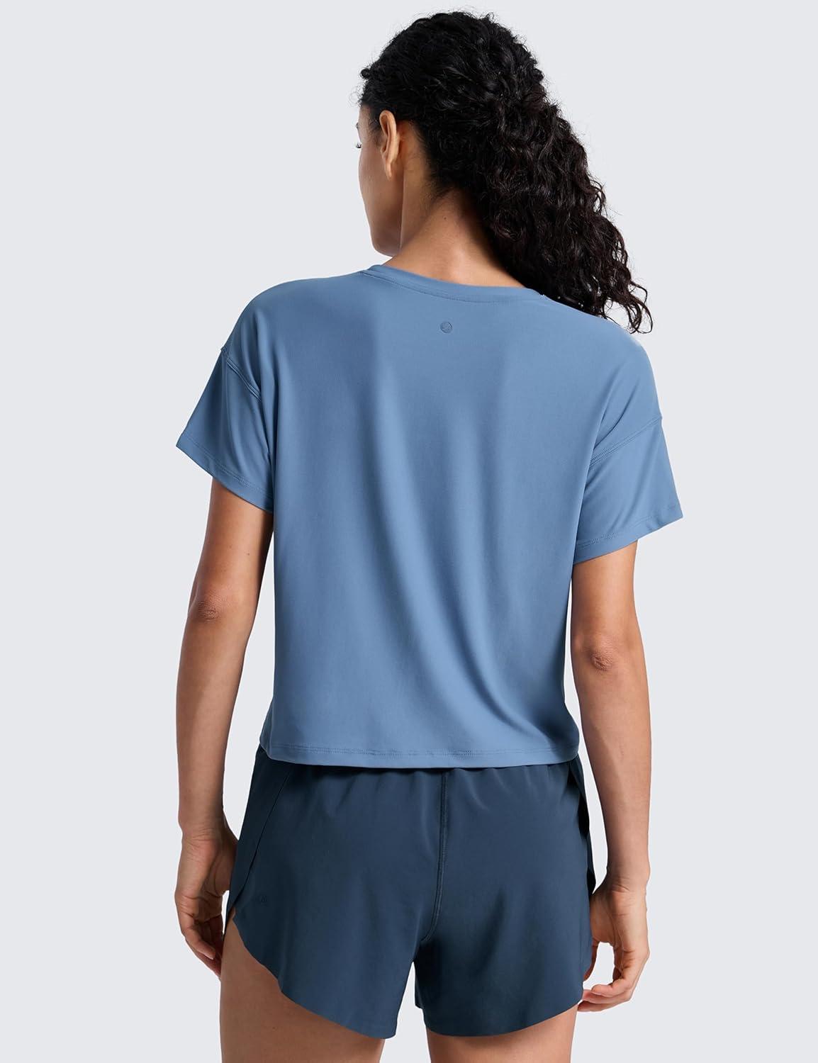 imageCRZ YOGA Cloudweight High Neck Workout Tops for Women Basic Athletic Lightweight Short Sleeve Shirts Loose Running TShirtWashed Denim