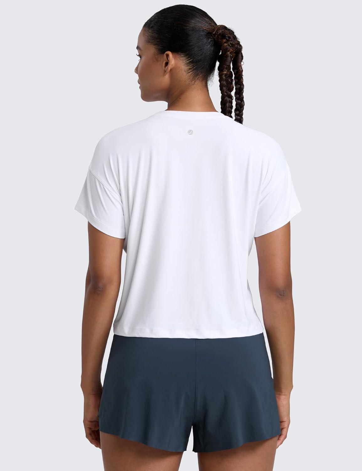 imageCRZ YOGA Cloudweight High Neck Workout Tops for Women Basic Athletic Lightweight Short Sleeve Shirts Loose Running TShirtWhite