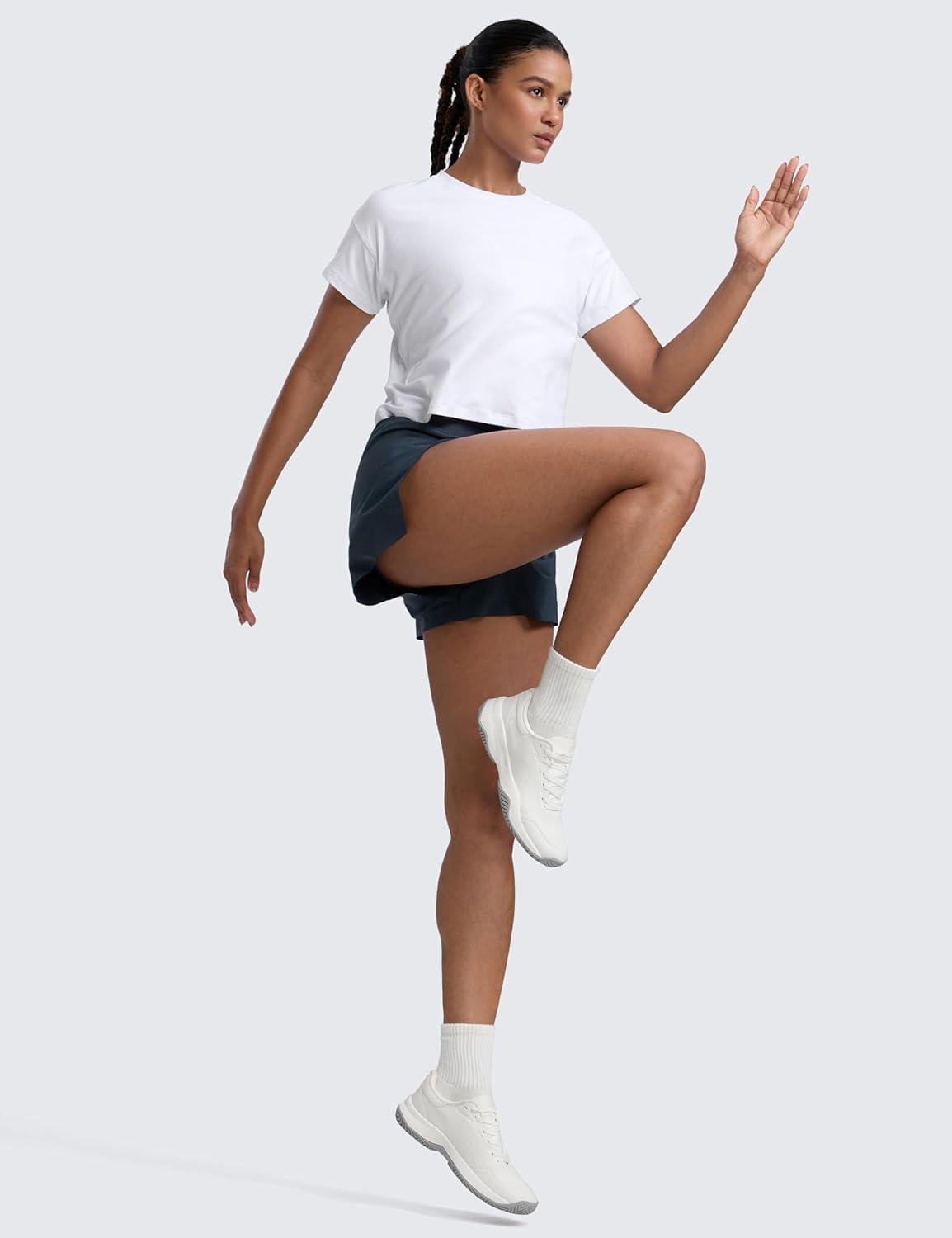 imageCRZ YOGA Cloudweight High Neck Workout Tops for Women Basic Athletic Lightweight Short Sleeve Shirts Loose Running TShirtWhite