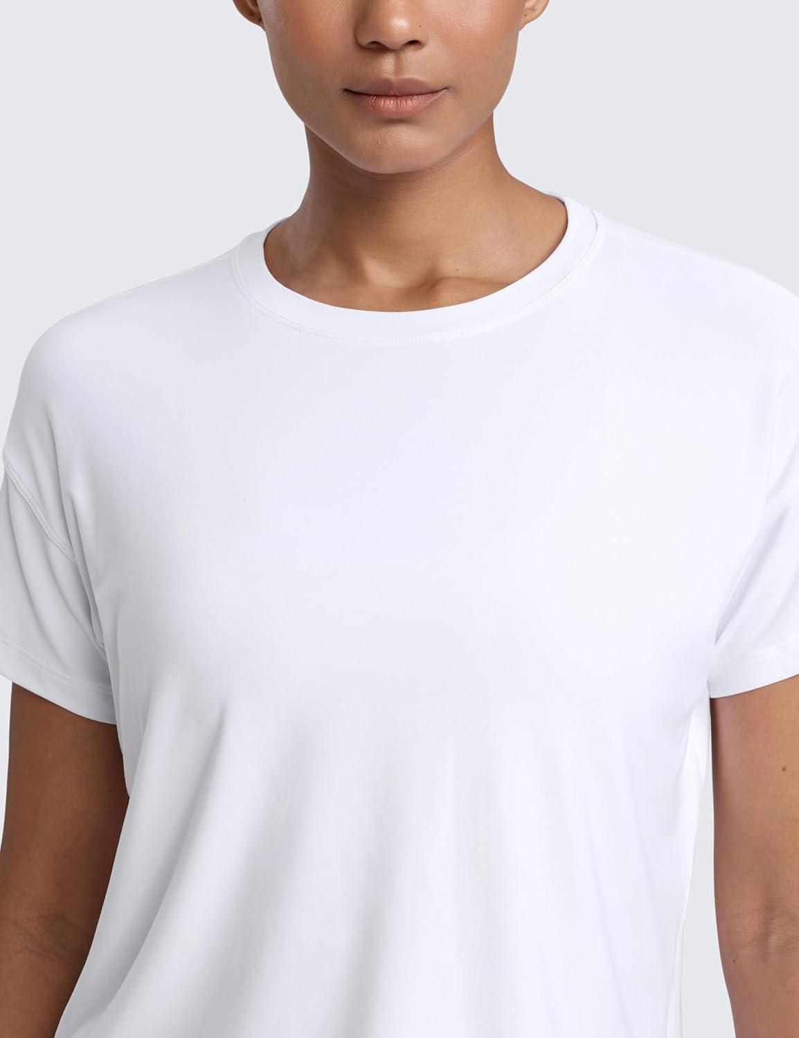 imageCRZ YOGA Cloudweight High Neck Workout Tops for Women Basic Athletic Lightweight Short Sleeve Shirts Loose Running TShirtWhite