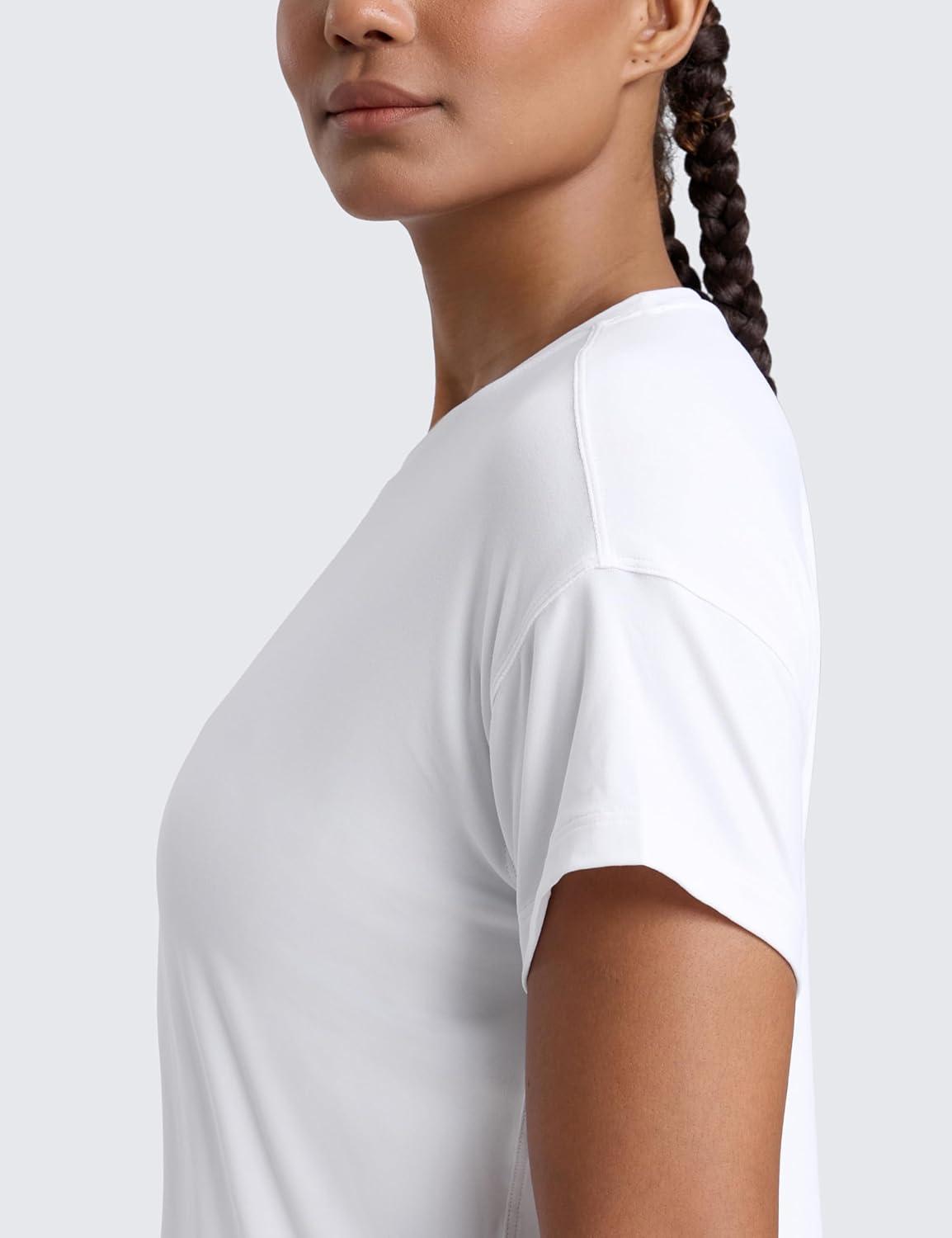 imageCRZ YOGA Cloudweight High Neck Workout Tops for Women Basic Athletic Lightweight Short Sleeve Shirts Loose Running TShirtWhite