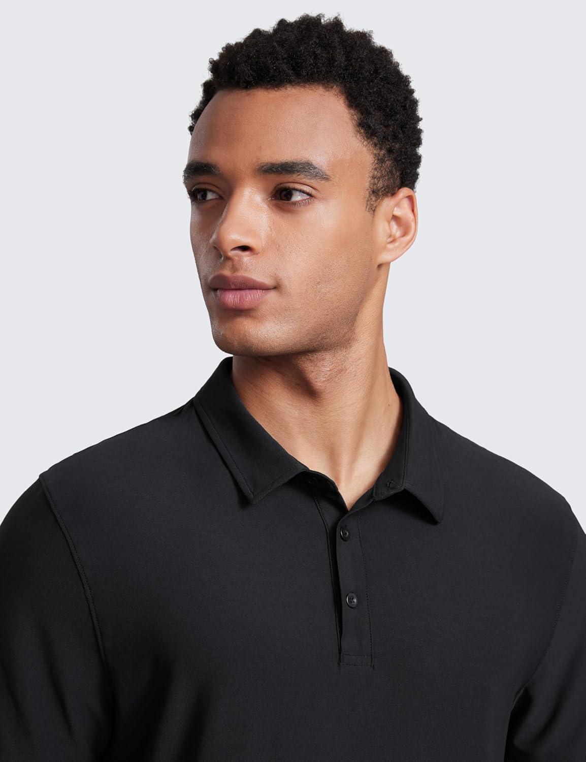 imageCRZ YOGA Cloudweight Mens Short Sleeve Polo Shirts Slim Fit Lightweight Moisture Wicking Athletic Casual Button Golf TShirtsBlack