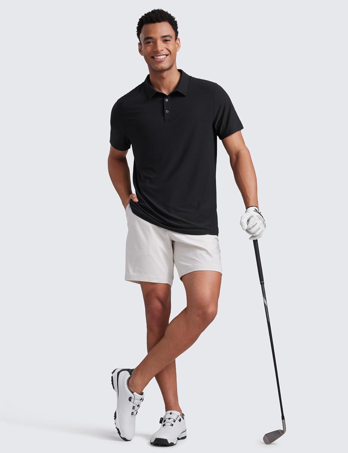 imageCRZ YOGA Cloudweight Mens Short Sleeve Polo Shirts Slim Fit Lightweight Moisture Wicking Athletic Casual Button Golf TShirtsBlack