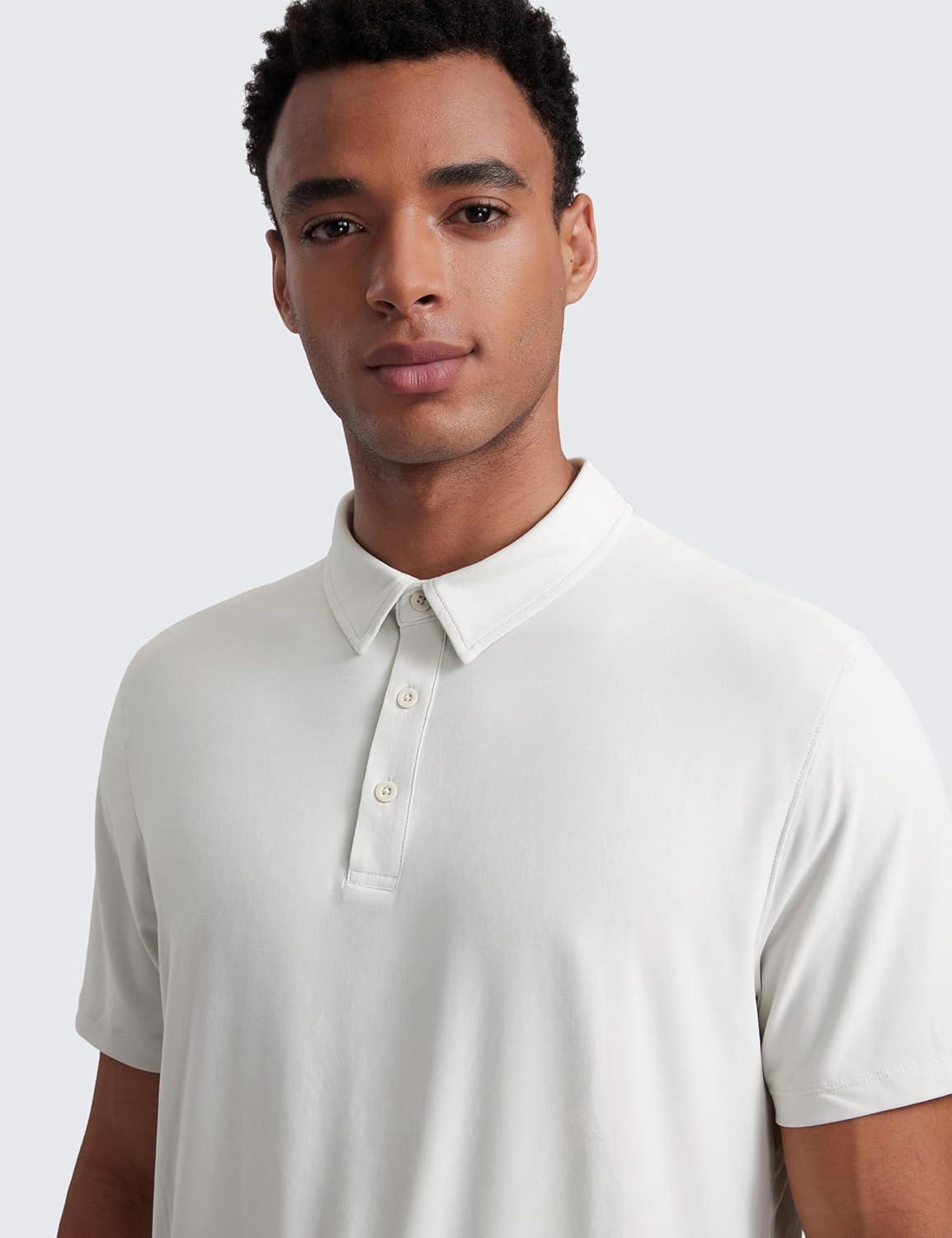imageCRZ YOGA Cloudweight Mens Short Sleeve Polo Shirts Slim Fit Lightweight Moisture Wicking Athletic Casual Button Golf TShirtsMilky White