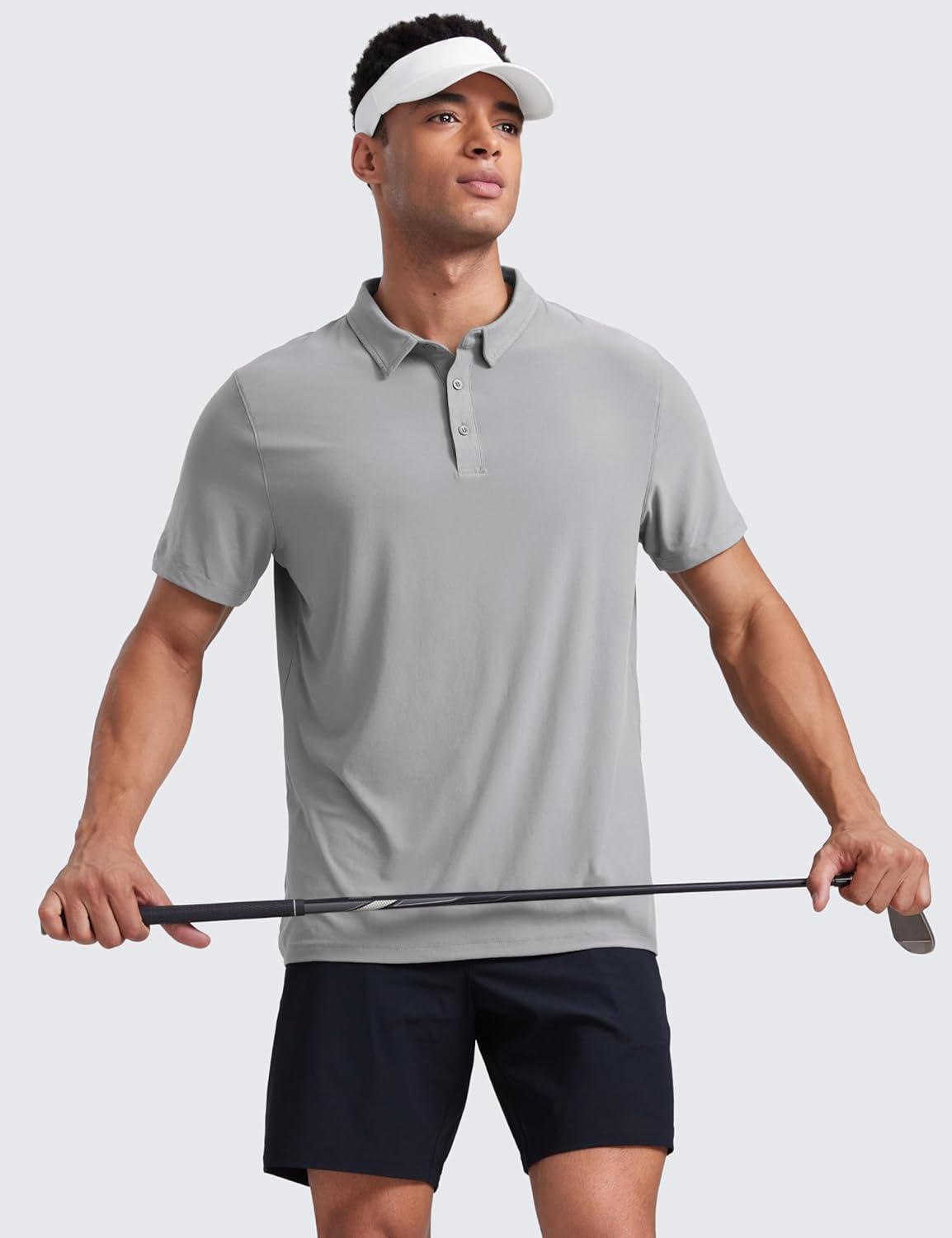 imageCRZ YOGA Cloudweight Mens Short Sleeve Polo Shirts Slim Fit Lightweight Moisture Wicking Athletic Casual Button Golf TShirtsSilver Gray