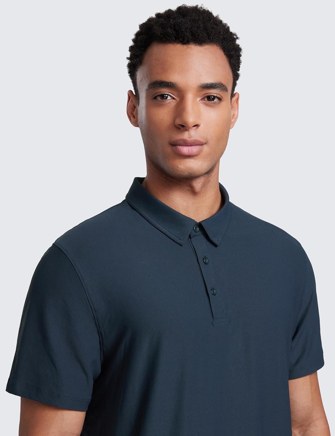 imageCRZ YOGA Cloudweight Mens Short Sleeve Polo Shirts Slim Fit Lightweight Moisture Wicking Athletic Casual Button Golf TShirtsTrue Navy