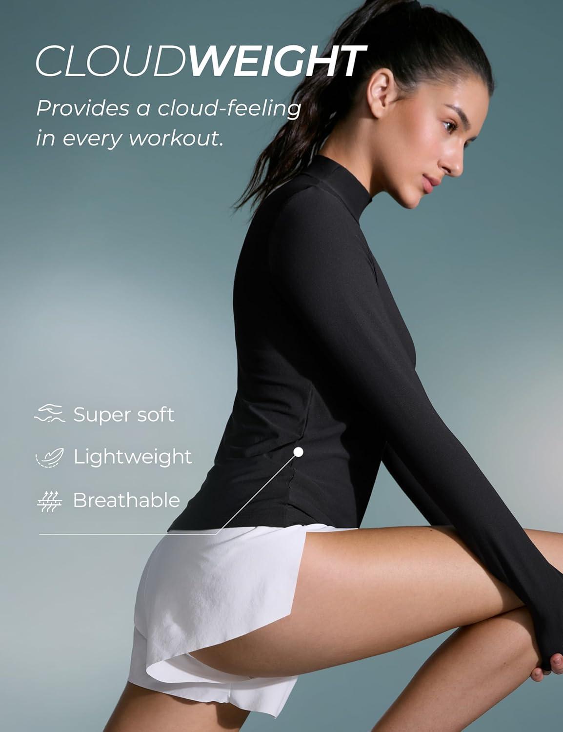 imageCRZ YOGA Cloudweight Mock Neck Shirts for Women Workout Athletic Long Sleeve Tops Lightweight Soft Hip TShirtBlack